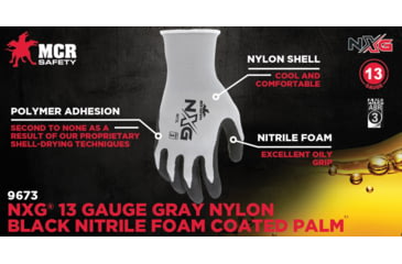 Image of MCR Safety NXG Work Gloves, 13 Gauge Nylon, Nitrile Foam Coated Palm and Fingertips, Black/Gray, Medium, 9673M