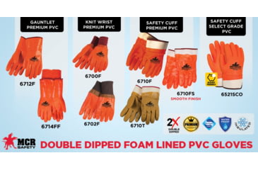 Image of MCR Safety PVC Coated Insulated Work Gloves, Single Dipped Hi-Vis Smooth PVC, Foam Lined, Protective Safety Cuff, Orange/White, Large, 6710FS