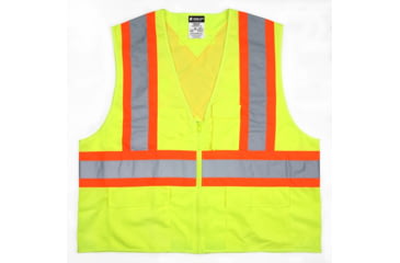 Image of MCR Safety Safety Vest, ANSI Class 2 and CSA Z96 Class 2, 4in Silver Reflective Stripes, Zipper Front, 4 Outer 1 Inner Pockets, Fluorescent Lime, 2X, WCCS2LX2