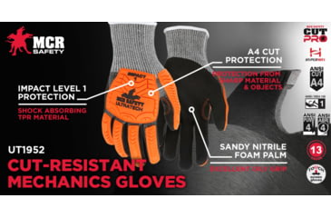 Image of MCR Safety UltraTech Mechanics Gloves, Cut Pro 13 Gauge HyperMax Shell with Sandy Nitrile Foam Palm and Fingertips, Black/Salt and Pepper, Small, UT1952S