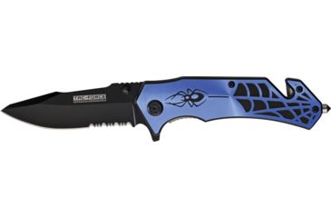 Image of Miscellaneous Speed Assisted Spider Folding Knife,3.25in,Partially Serrated Blade,Black Anodized Alum Handle/Blue Cutout M3871