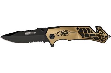 Image of Miscellaneous Speed Assisted Spider Folding Knife,3.25in,Partially Serrated Blade,Black Anodized Alum Handle/Copper Cutout M3873