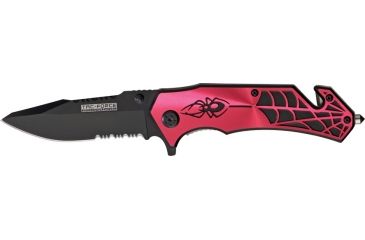 Image of Miscellaneous Speed Assisted Spider Folding Knife,3.25in,Partially Serrated Blade,Black Anodized Alum Handle/Red Cutout M3845