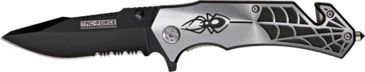 Image of Miscellaneous Speed Assisted Spider Folding Knife,3.25in,Partially Serrated Blade,Black Anodized Alum Handle/Silver Cutout M3844