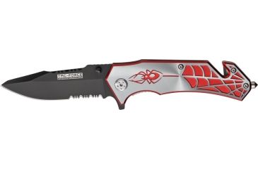 Image of Miscellaneous Speed Assisted Spider Folding Knife,3.25in,Partially Serrated Blade,Red Anodized Alum Handle/Silver Cutout M3875