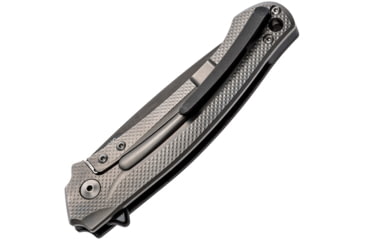 Image of MKM Arvenis Framelock Fox Folding Knife, 3.5in Black PVD Coated Bohler M390 SS Drop Point, Marbled Carbon Fiber Handle, Blue Anodized Collar, Gray Titanium Inlay, Black Nylon Zippered Case, MKFX01-MCT