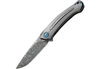 Image of MKM Arvenis Framelock Fox Folding Knife, 3.5in Damasteel Drop Point, Gray Titanium Handle With Vinland Damasteel Inlay, Vinland Blade, Blue Anodized Pivot Collar, Black Nylon Zippered Case, MKFX01-D