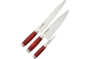 Image of Morakniv Classic 1891 3 Pack Red Kitchen Knives, Three Piece Set 9in Chef'S Knife, 10in Bread Knife And 3in Paring Knife, Knives Have SS Blades And Red Wood Handles, Red, M-12422