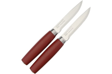 Image of Morakniv Classic Steak Knife Set Kitchen Knives, Includes Two 8in Overall Steak Knives With 4in SS Blade, Red Wood Handle With SS Guard, Red, M-12160