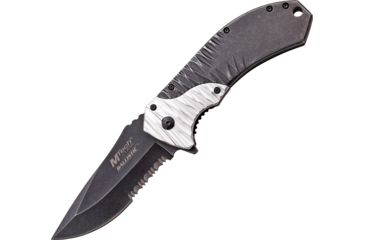 Image of Mtech Linerlock A/O Silver Folding Knife,3.625in,440 Stainless Steel,Partially Serrated,Drop Point,Black Stonewash,Black,Stonewash Handle MTA885SL