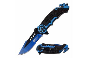 Image of Mtech MT-A1008BL Spring Assisted Knife, 3.6in, 3CR13 Stainless Steel, Harpoon Point, Blue/Green Blade, Aluminum Handle, Blue/Black, MT-A1008BL
