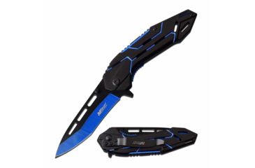 Image of Mtech MT-A1054BL Spring Assisted Knife, 3.5in, 3CR13 Stainless Steel, Tanto, Blue/Black Blade, Aluminum Handle, Black/Blue, MT-A1054BL
