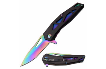 Image of Mtech MT-A1141RB Spring Assisted Knife, 3in, 3CR13 Stainless Steel, Spear Point, Rainbow Blade, Aluminum Handle, Black/Rainbow, MT-A1141RB