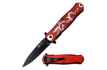 Image of Mtech MT-A991DRD Spring Assisted Knife, 3.5in, 3CR13 Stainless Steel, Dagger, Black Blade, Aluminum Handle w/ Dragon Design, Red, MT-A991DRD