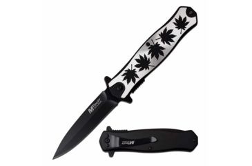 Image of Mtech MT-A991MBK Spring Assisted Knife, 3.5in, 3CR13 Stainless Steel, Dagger, Black Blade, Aluminum Handle w/ Maple Leaf Design, Black/Aluminum, MT-A991MBK