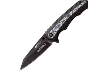 Image of Mtech Snake Linerlock A/O Folding Knife, 3.5 black finish 3Cr13 stainless blade, Gray artwork, Black anodized aluminum handle, MT-A1112GY