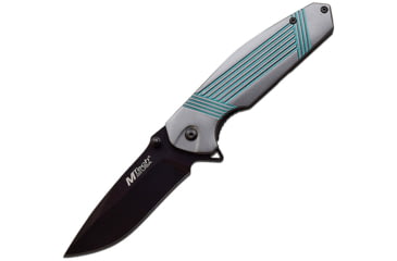 Image of Mtech Stripe Framelock A/O Folding Knife, 3.5 black finish 3Cr13 stainless blade, Gray and teal anodized aluminum handle, MT-A1137GTQ