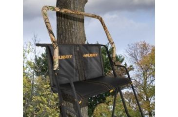 Image of Muddy Side-Kick 2-Man Ladderstand, includes 1-1in Ratchet Strap, 2-1in Stabilizer Straps, 2-Full Body Arrest Harnesses, Adjustable Support Bar, Padded, Flip-Back Shooting Rail, Black/Camo MLS2200