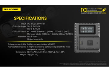 Image of Nitecore FX3 2-Slot USB-C QC Battery Charger for Fujifilm X-T4, Black, 6952506494378