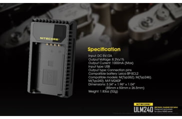 Image of Nitecore ULM240 Leica Digital USB Battery Charger for BP-SCL2 Camera Batteries, Black, 6952506491810