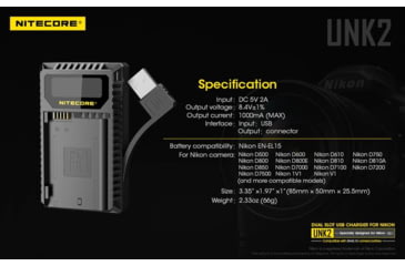 Image of Nitecore UNK2 Dual Port USB Digital Charger for Nikon Batteries EN-EL15, Black, 6952506492671
