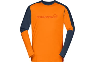 Image of Norrona Falketind Equaliser Merino Round Neck Shirt - Mens, Orange Popsicle/Indigo Night, Small, 7042698472120