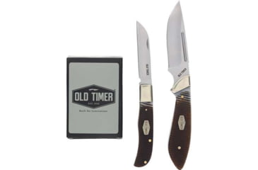 Image of Old Timer Fixed Blade Kife/Folding Blade Knife and Playing Cards Set, Stainless Steel, Brown Pakka Wood Handle, 1227065