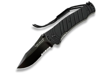 Image of Ontario Knife JPT-3S Folding Knife, Drop Point, Black, Square Hole, Black Blade, Serrated OK8907