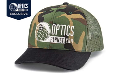 Image of OpticsPlanet Trucker Hat Embroidered Logo, Green Camo/Loden/Black, OPLGr Ca/Lon/Bck-Gr Ca/Bl