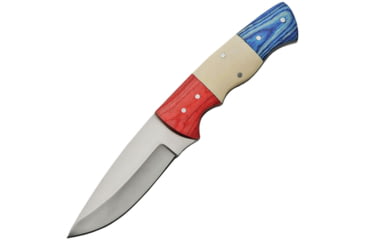 Image of Pakistan 8in Fixed Blade Knife, 3.75in Satin SS Blade, Red Wood/White Bone/ Blue Wood Handle w/ Brown Leather Belt Sheath, 203383