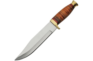 Image of Pakistan Bowie Stacked Leather Fixed Blade Knife, 12in Overall, 7.5in Satin SS Clip Point Blade, Stacked Leather Handle, Brass Guard And Pommel, Brown Leather Belt Sheath, 203385