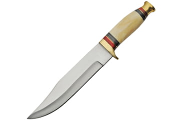 Image of Pakistan Bowie White Bone Fixed Blade Knife, 12in Overall, 7.5in Satin SS Clip Point Blade, White Smooth Bone Handle, Brass Guard And Pommel, Brown Leather Belt Sheath, White, 203386