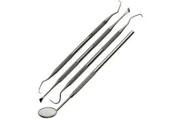 Image of Pakistan Scraping Tools 4 Pc Fixed Blade Knife, SS Tools Include Mirror, Plaque Remover, Dental Scraper, Dental Pick, Comes In Plastic Storage Pouch, 100552