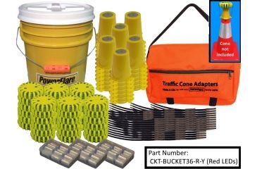 Image of Powerflare 36-Position Cone Adapter Kit with 36-Pack Bucket of Magnetic PowerFlare Lights, Red/Blue LEDs, Tan Shell CKT-BUCKET36M-RB-T