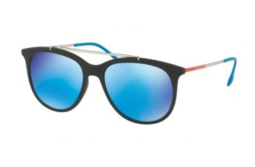 Image of Prada PS02TS Sunglasses DG05M2-54 - Black Rubber Frame, Light Green Mirror Blue Lenses