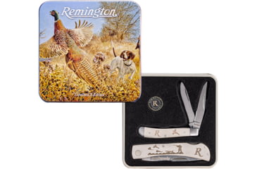 Image of Remington Tin Collector 2-Knife Gift Set Folding Knife, Pheasant Tin Collector Gift Set, 2.75in Closed Peanut w/ Clip And Pen Blades, 3.5in Closed Lockback, Handles Feature Etched Hunting Scene 15684
