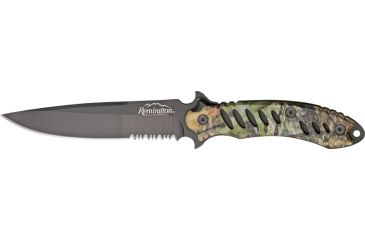 Image of Remington FAST Fixed Knife, 440 stainless black coated partially serrated clip, MossyOak Obsession camo rubber overcoat handle R19786