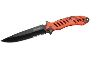 Image of Remington FAST Fixed Knife, stainless partially serrated clip point black coat, MossyOak Blaze camo rubber overcoat handle R19761