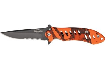 Image of Remington Medium FAST Fold Knife, 440 stainless partially serrated clip point black , MossyOak Blaze camo rubber R19771