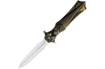 Image of Rike Knife Amulet Linerlock Gold Folding Knife, 3.75 mirror finish double edge Bohler M390 stainl, Black and gold sculpted titanium handle, RKAMULETBG