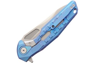 Image of Rike Knife Thor 3 M390 Blade Framelock Folding Pocket Folding Knife, 4in Bead Blast Finish Bohler M390 SS Blade, Blue Anodized Titanium Handle, Brown Leather Sleeve, Case, THOR3 / BLUE