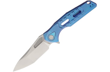 Image of Rike Knife Thor 3 M390 Blade Framelock Folding Pocket Folding Knife, 4in Bead Blast Finish Bohler M390 SS Blade, Blue Anodized Titanium Handle, Brown Leather Sleeve, Case, THOR3 / BLUE