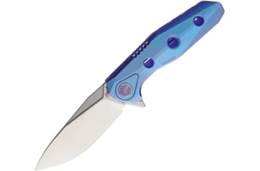 Image of Rike Knife Thor 4 M390 Blade Framelock Folding Pocket Folding Knife, 2.5in Satin Bohler M390 SS Drop Point, Blue Anodized Titanium Handle, Pocket Clip, Brown Leather Sleeve, THOR4S-BLUE