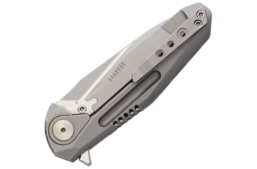 Image of Rike Knife Thor 4 M390 Blade Framelock Folding Pocket Folding Knife, 2.5in Satin Bohler M390 SS Drop Point, Gray Titanium Handle, Pocket Clip, Brown Leather Sleeve, Black Nylon Case, THOR4S