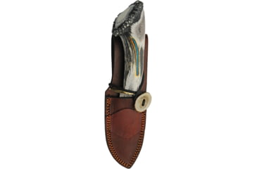 Image of Rite Edge Guthook Elk Fixed Blade Knife, 10.5in Overall, 4.5in Damascus Steel Guthook Blade, Elk Stag Handle, Leather Sheath, RU-EKDMBL2