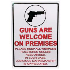 Image of River's Edge 12in.x17in. Weatherpoof Rolled Edge Tin Sign, Guns Are Welcome, 16in. Description 184629