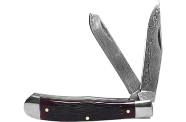 Image of Roper Knives Tombstone Trapper Folding Knife, Damascus steel clip and spey blades, Red jigged bone handle, RP0002DRB