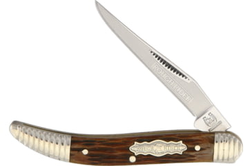 Image of Rough Rider Bolster Stripe Small Toothpick Folding Knife, 440 SS Long Clip Blade, Brown Jigged Bone Handle, Blade Etching, KB106 / RR1568