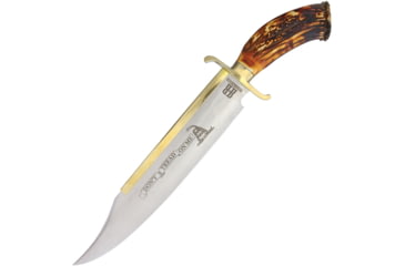 Image of Rough Rider Dont Tread on Me Bowie Knife, 21.25in Overall, 15.5in Satin SS Clip Point Blade, Crown Stag Handle, Brass Guard, Blade Etching, Brown Leather Sheath, RR1941