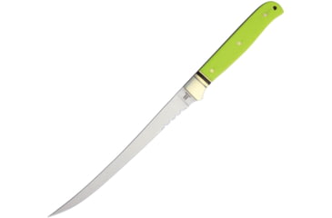 Image of Rough Rider Fillet Fixed Blade Knife, 11.75in Overall, 7in Satin Partially Serrated SS Fillet Blade, Neon Green G10 Handle, Nickel Silver Bolster, Black Nylon Belt Sheath, BZ010951